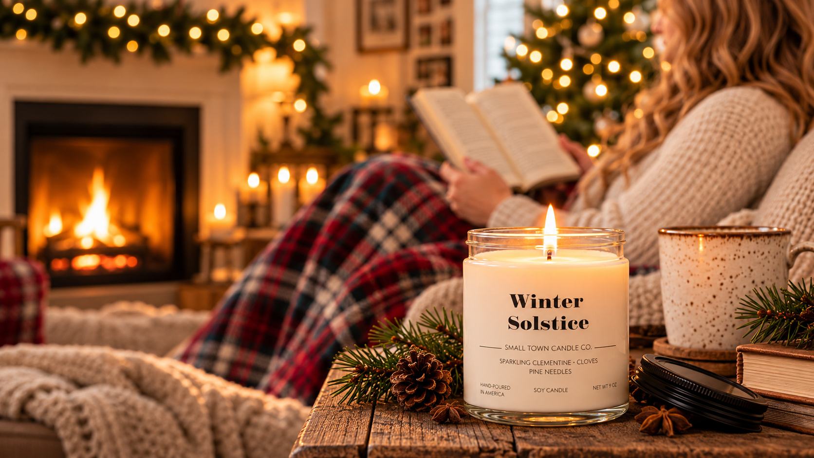 Cozy winter candle scene with a lit candle
