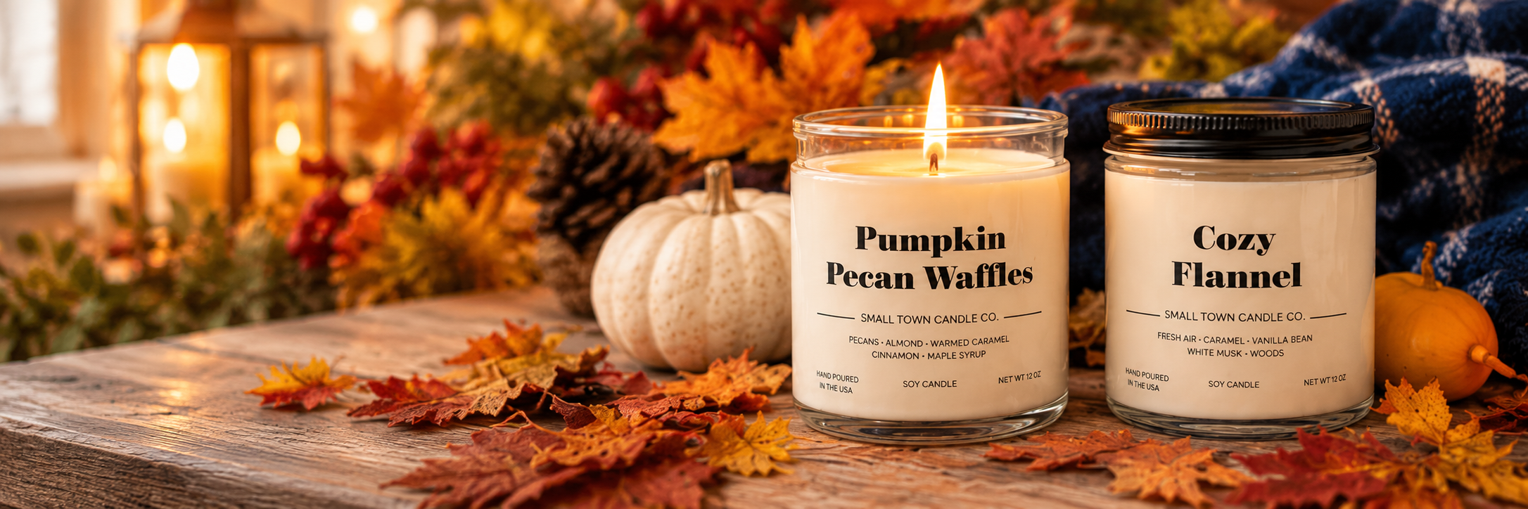 Autumn candle collection with pumpkins and blankets