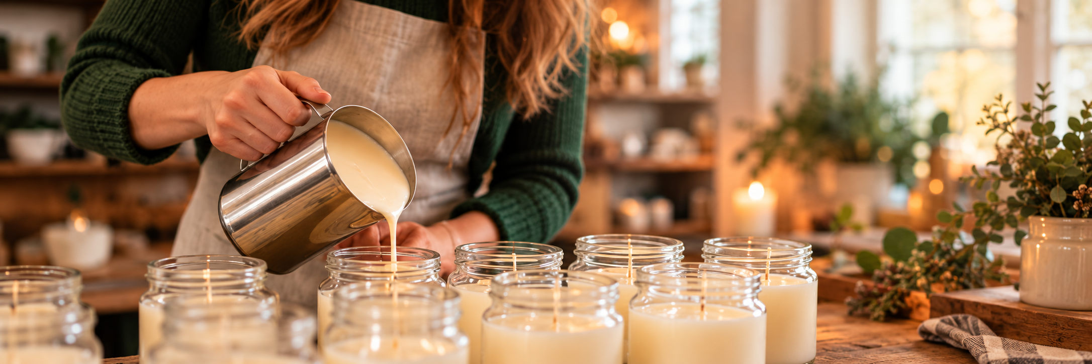Candle maker pouring wax into jars